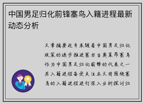 中国男足归化前锋塞鸟入籍进程最新动态分析