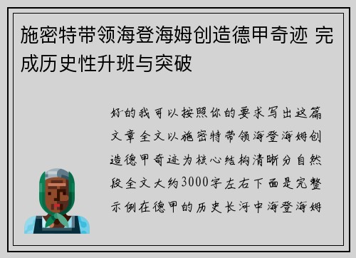 施密特带领海登海姆创造德甲奇迹 完成历史性升班与突破